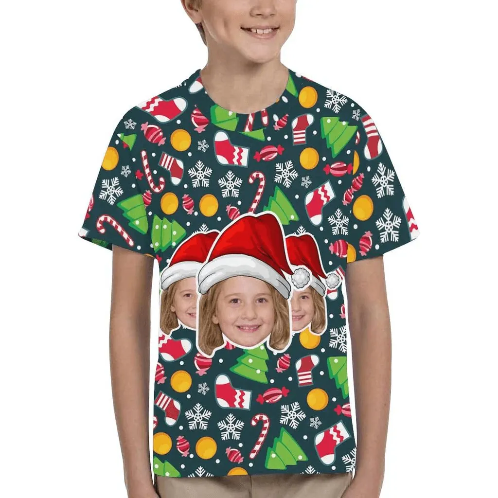 #6-15Y Custom Face Christmas Santa Hat Kid's All Over Print T-shirt