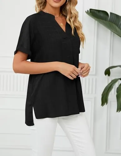 AliChan Womens V Neck Short Sleeves Chiffon Blouse Flowy Hem Shirt, Black-S