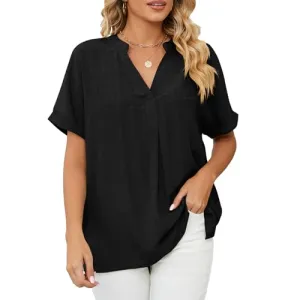 AliChan Womens V Neck Short Sleeves Chiffon Blouse Flowy Hem Shirt, Black-S