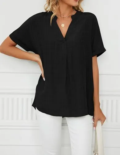 AliChan Womens V Neck Short Sleeves Chiffon Blouse Flowy Hem Shirt, Black-S