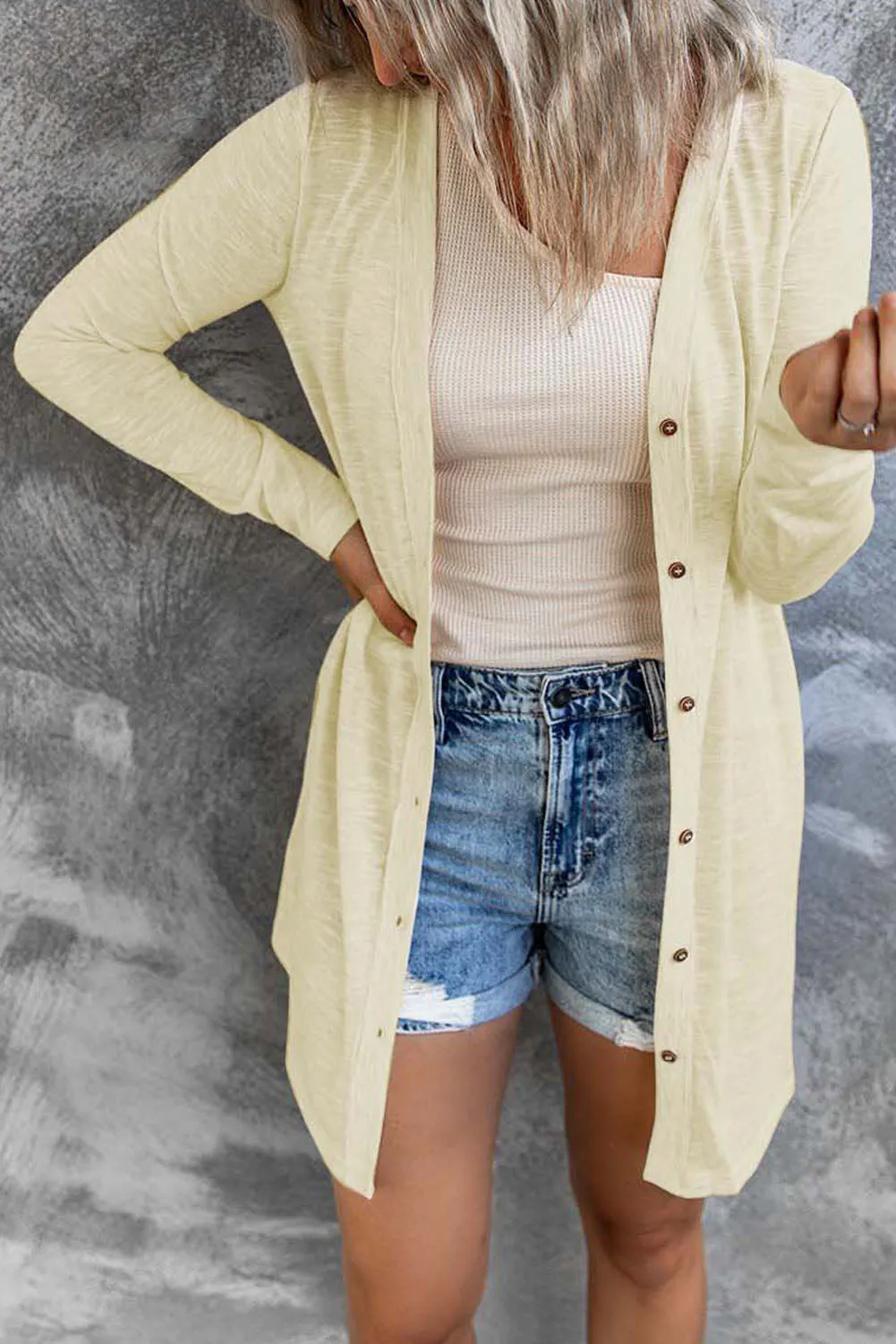 Beige Solid Color Open-Front Buttons Cardigan