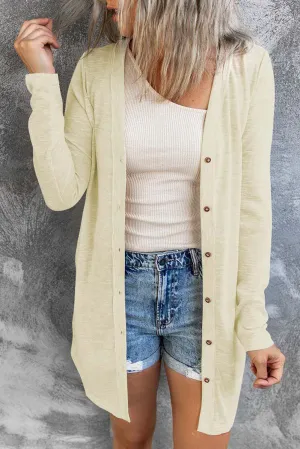 Beige Solid Color Open-Front Buttons Cardigan