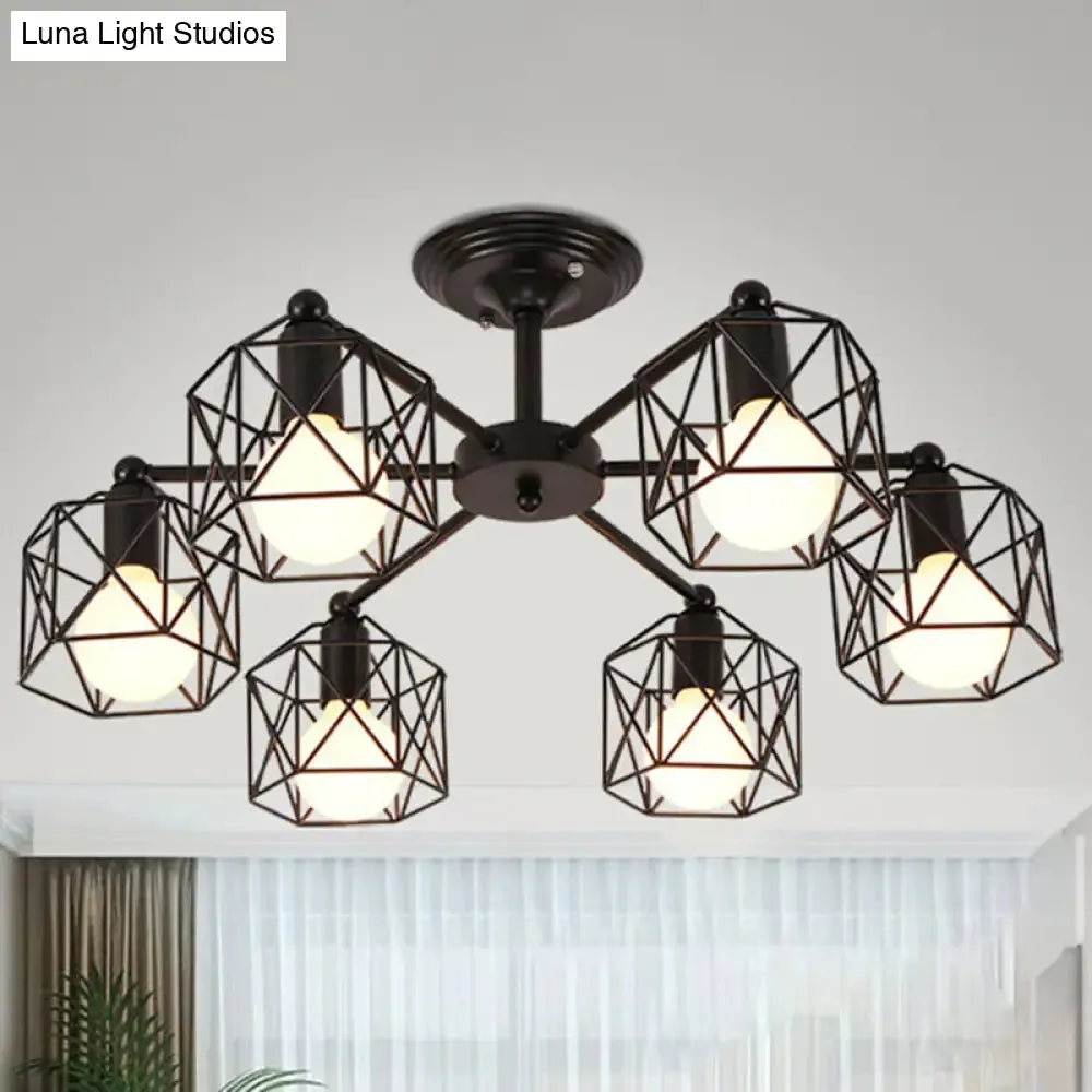 Black Metal Hexagon Cage Ceiling Light - Vintage Chandelier for Living Room