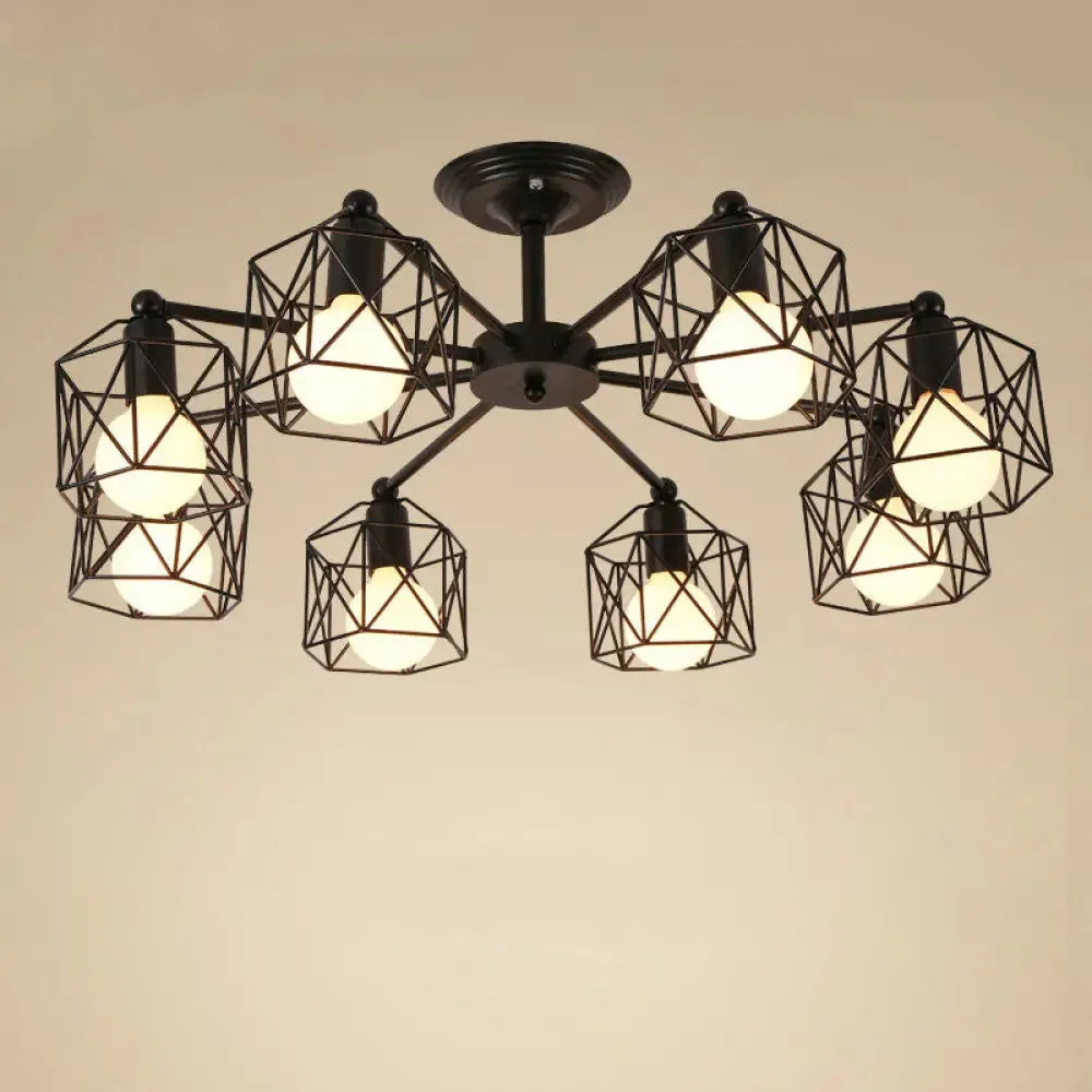 Black Metal Hexagon Cage Ceiling Light - Vintage Chandelier for Living Room