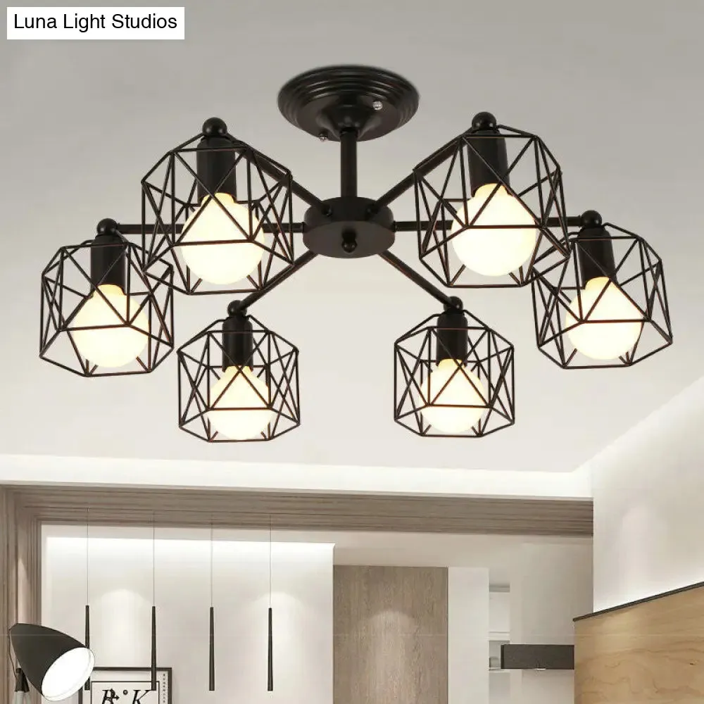 Black Metal Hexagon Cage Ceiling Light - Vintage Chandelier for Living Room