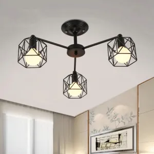 Black Metal Hexagon Cage Ceiling Light - Vintage Chandelier for Living Room