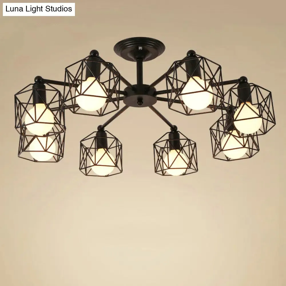 Black Metal Hexagon Cage Ceiling Light - Vintage Chandelier for Living Room