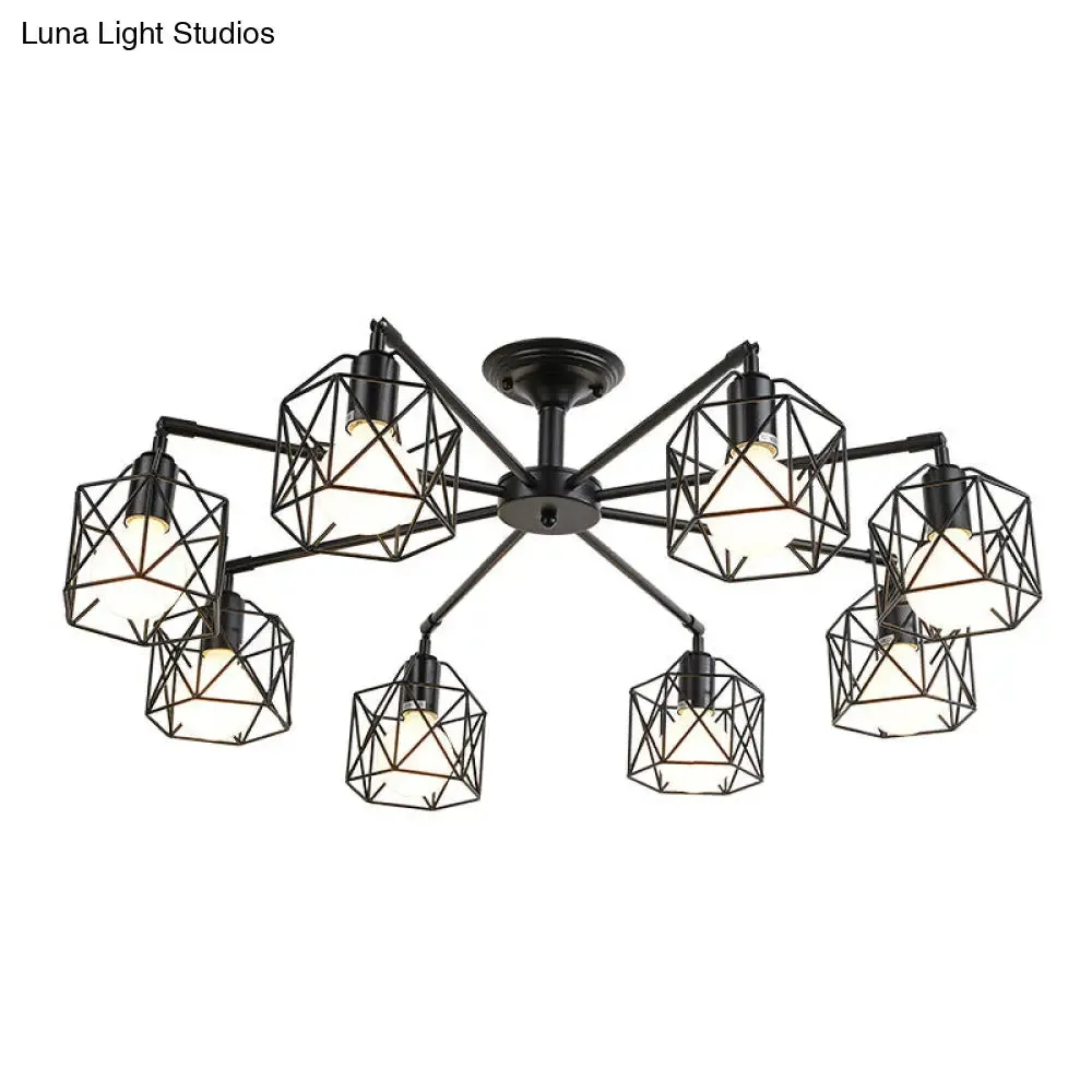 Black Metal Hexagon Cage Ceiling Light - Vintage Chandelier for Living Room