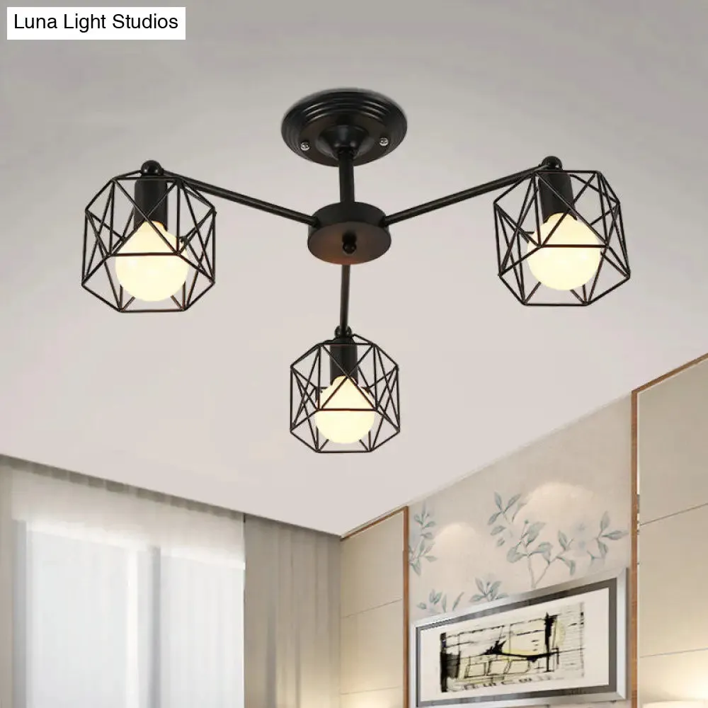 Black Metal Hexagon Cage Ceiling Light - Vintage Chandelier for Living Room