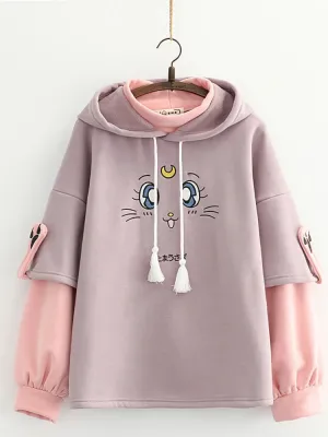 Cartoon Cat Embroidery Fleece Hooded Sweatshirts Winter Women Harakuju Cute Hoodies Long Sleeve Kawaii Pullover Tracksuits