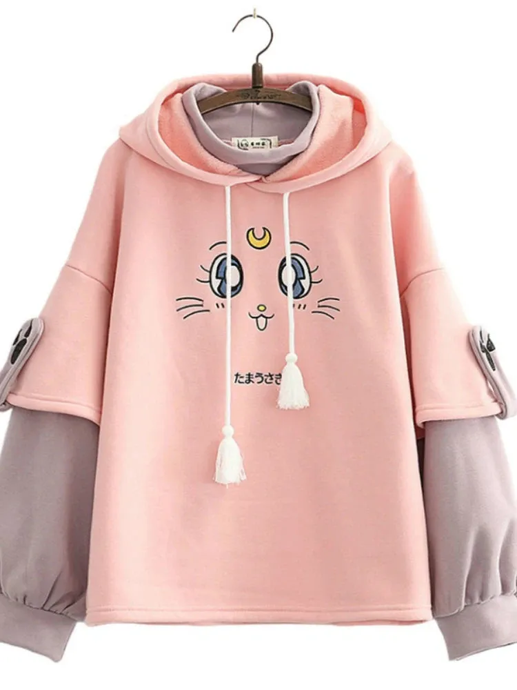 Cartoon Cat Embroidery Fleece Hooded Sweatshirts Winter Women Harakuju Cute Hoodies Long Sleeve Kawaii Pullover Tracksuits