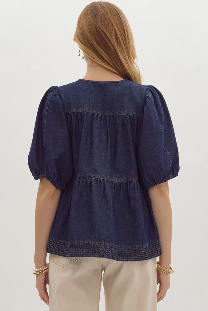 Dark Denim V Neck Bubble Sleeve Top by Entro