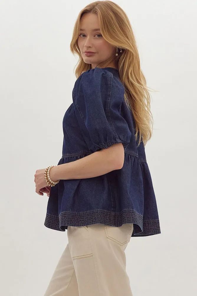 Dark Denim V Neck Bubble Sleeve Top by Entro