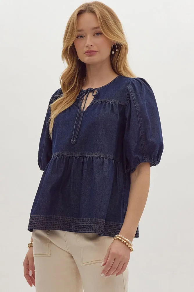 Dark Denim V Neck Bubble Sleeve Top by Entro