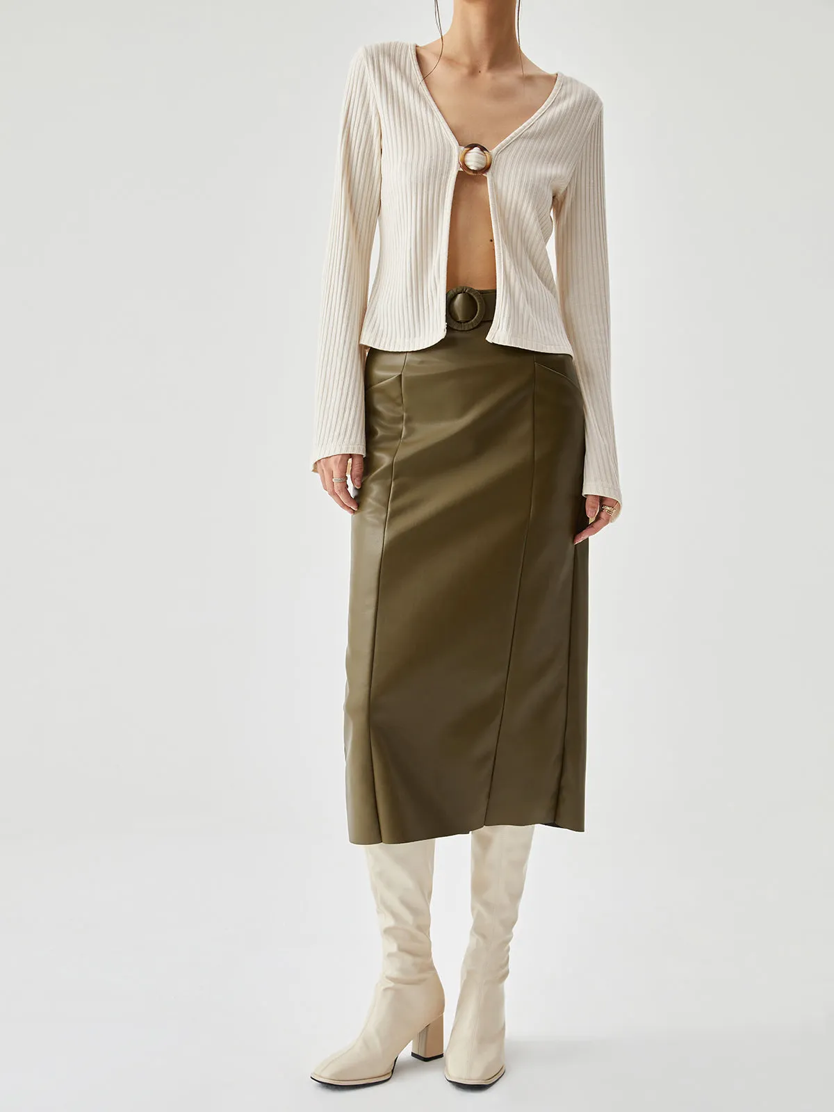 Faux Leather Belted Trendy Split Midi Skirt