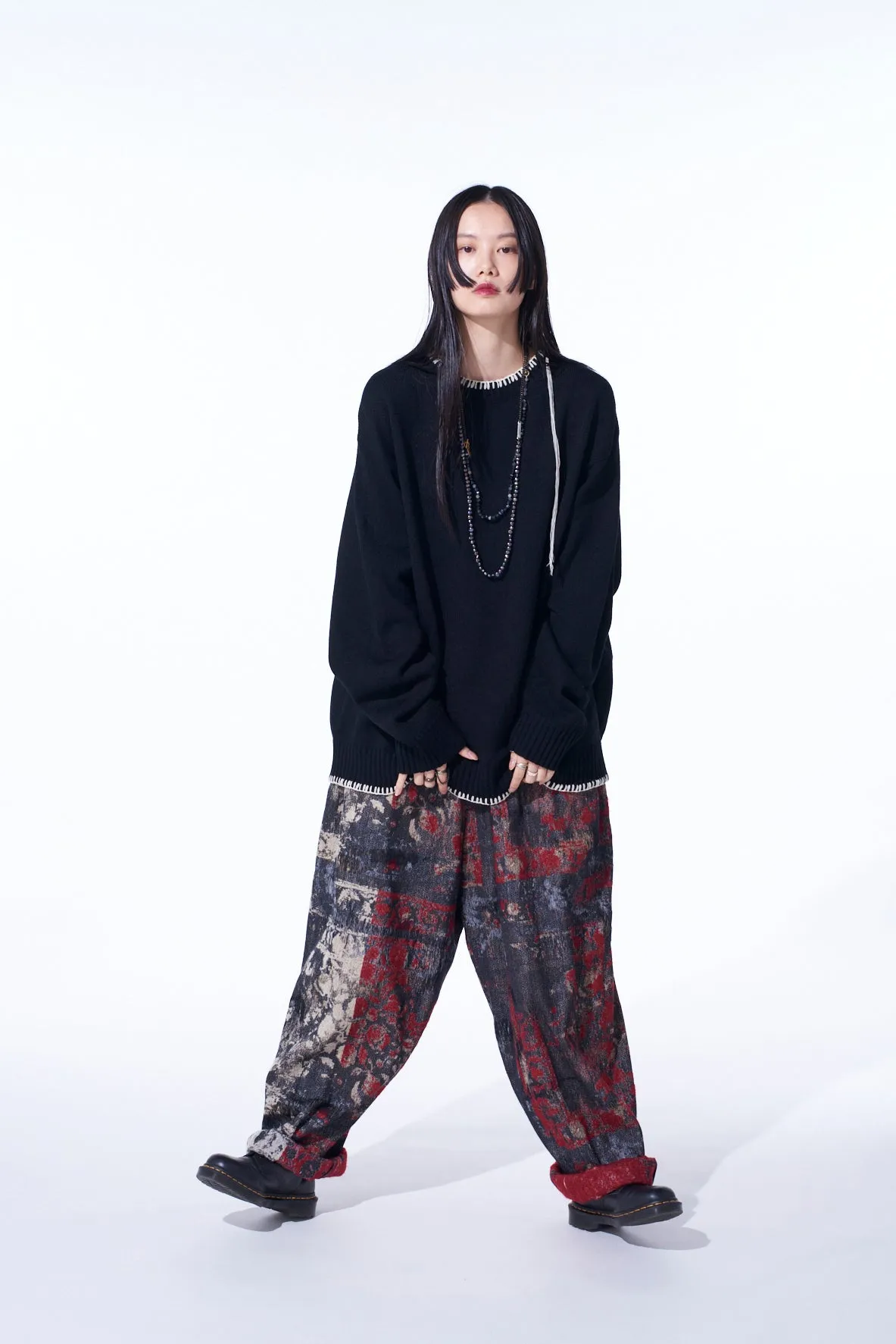 FLORAL JACQUARD DRAWSTRING WIDE PANTS