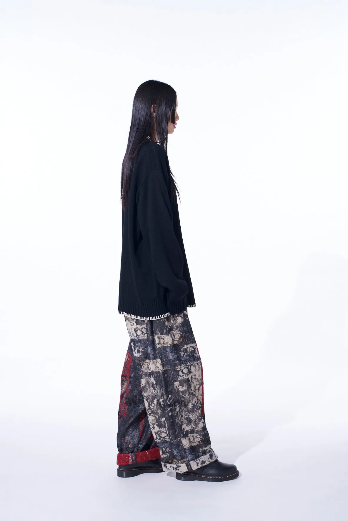 FLORAL JACQUARD DRAWSTRING WIDE PANTS