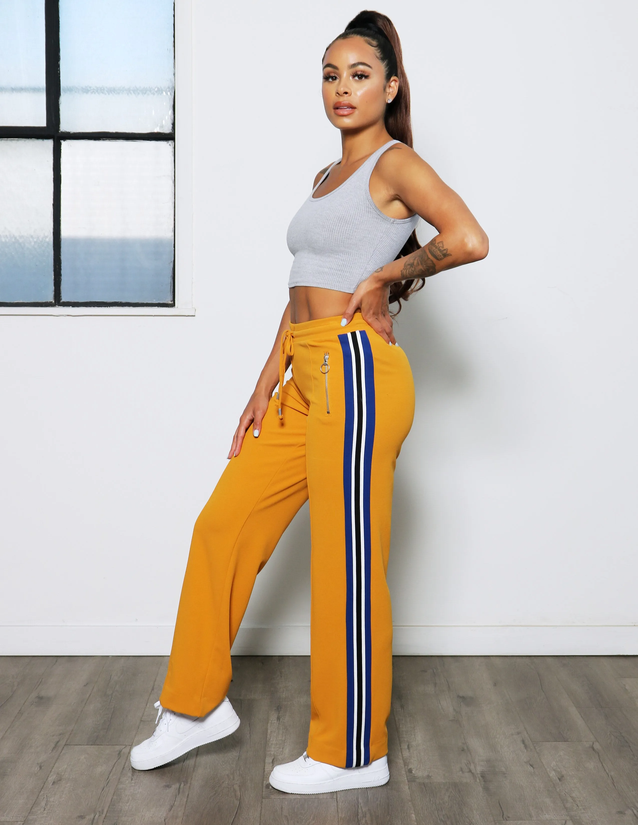 Get Going Knit Crepe Athletic Side Stripe Wide Leg Pant