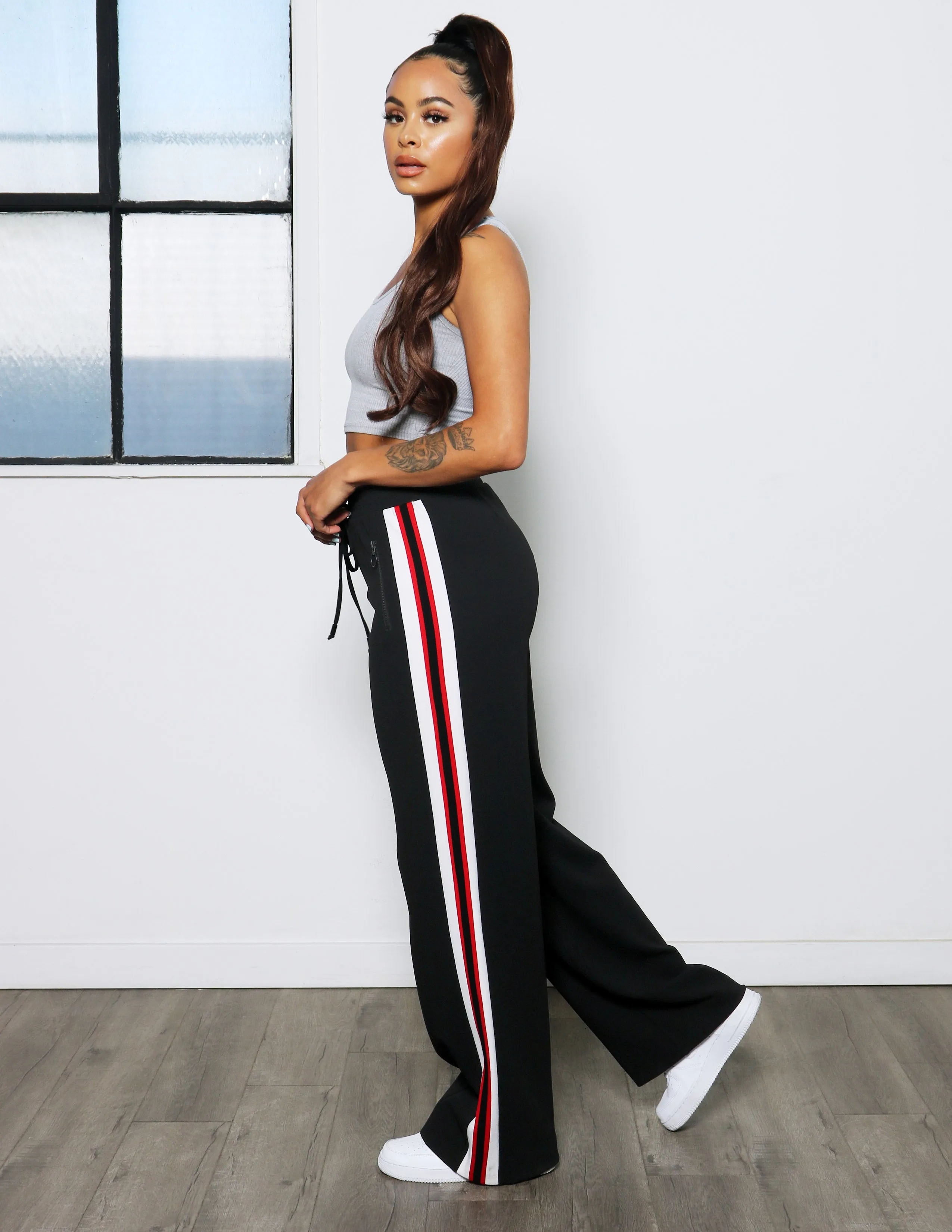 Get Going Knit Crepe Athletic Side Stripe Wide Leg Pant