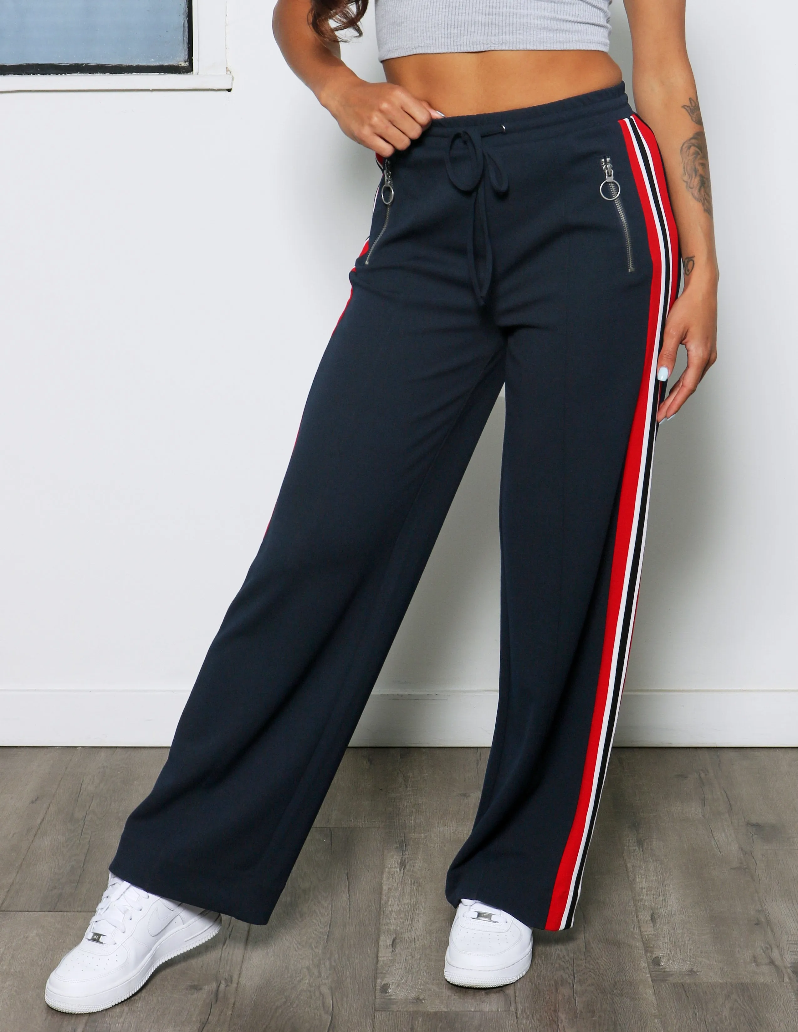 Get Going Knit Crepe Athletic Side Stripe Wide Leg Pant