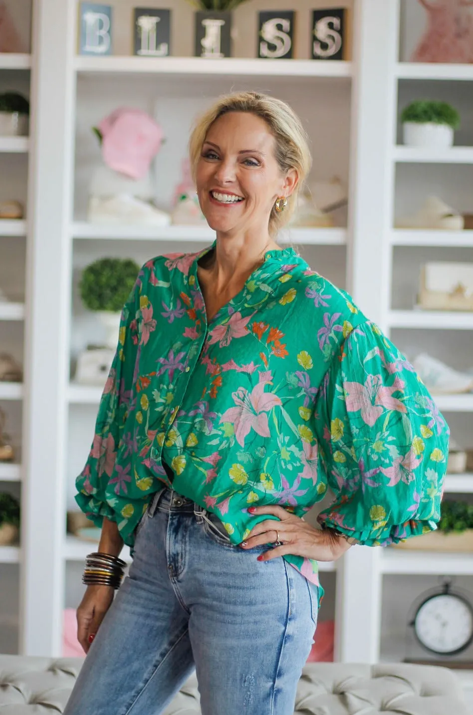 Green Floral Button Down Flowy Blouse