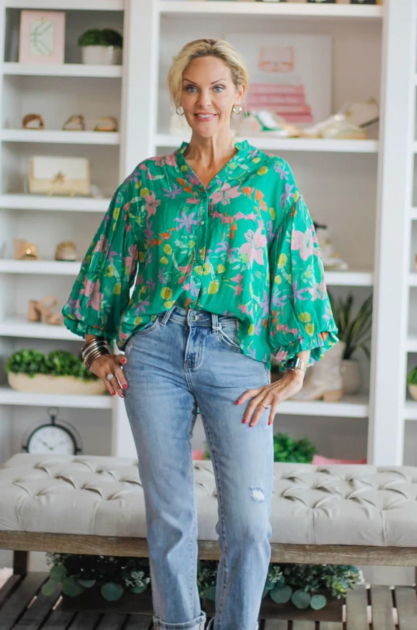 Green Floral Button Down Flowy Blouse