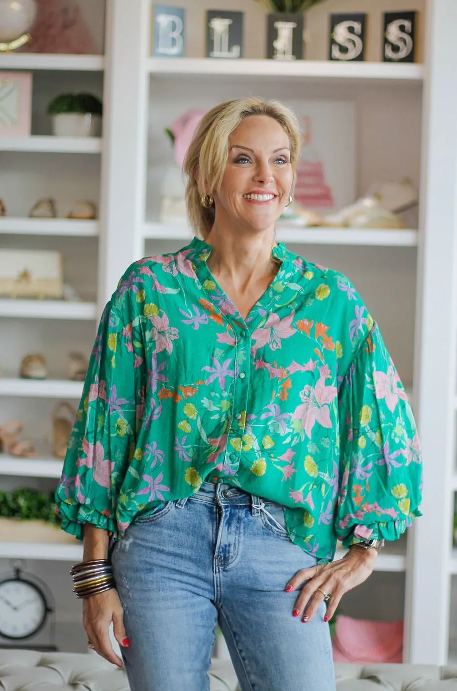 Green Floral Button Down Flowy Blouse