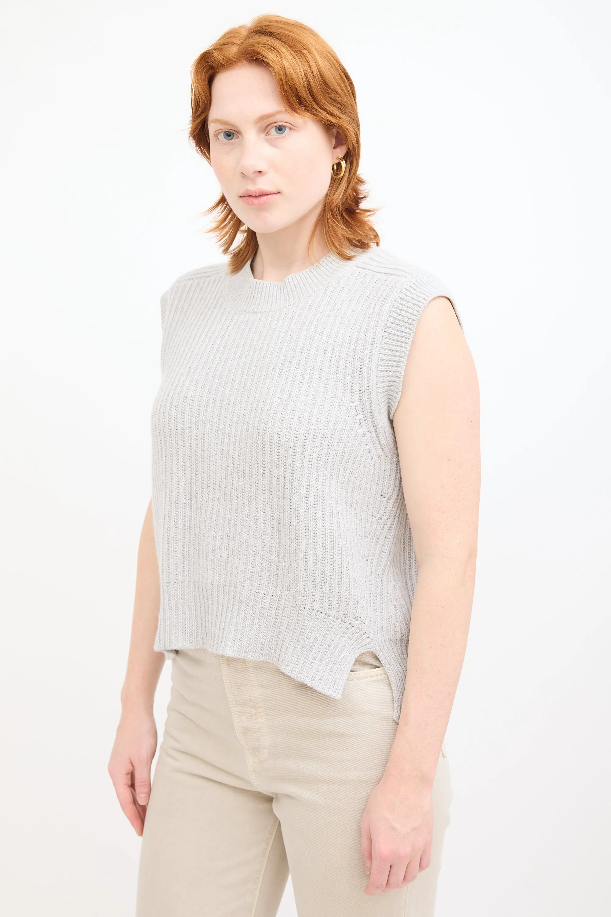 Grey Cashmere Ribbed Knit Vest