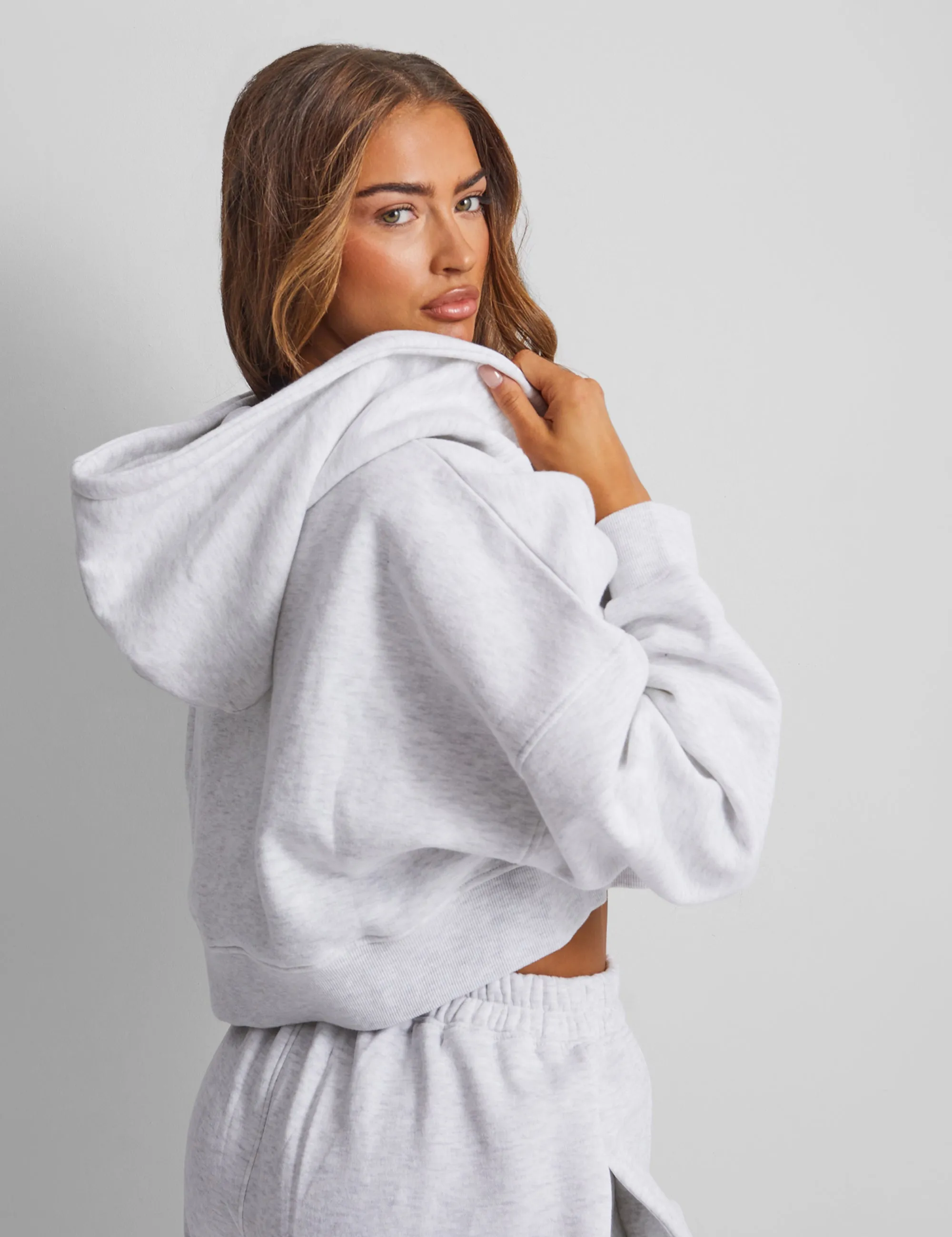 Kaiia Studio Cropped Zip Through Hoodie Light Grey Marl