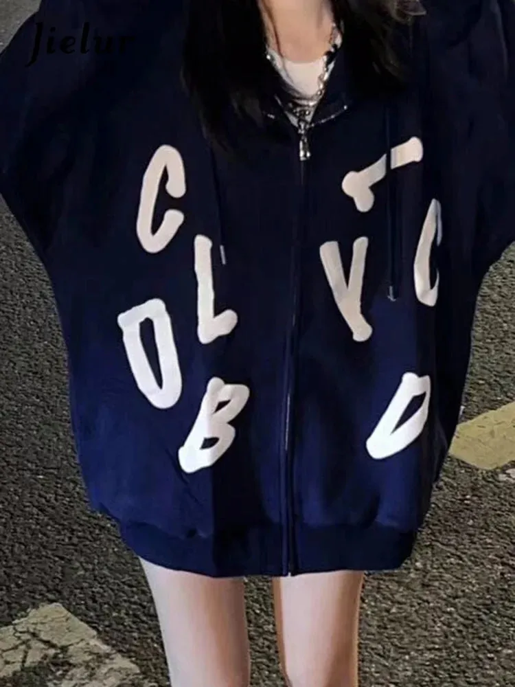 Letter Printed Korean Zip-up Hoodies Loose Ins Spell Color O-neck Casual Female Hoodies Office Ladies Chic Women's Hoodie