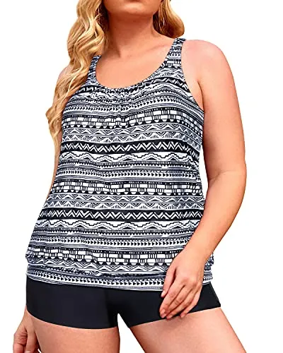 Loose Fit Tankini Tops Swim Shorts For Women-Black Tribal