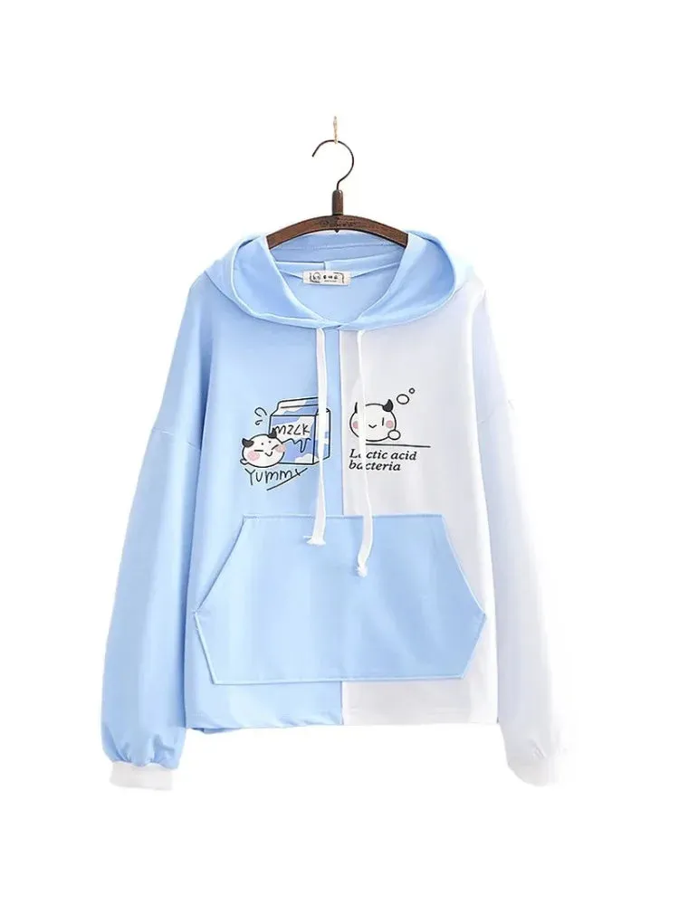 Metaversmall Cartoon Print Patchwork Women Hooded Sweatshirt Drawstring Cotton Hoodies Autumn Winter Harakuju Pullover Tracksuits