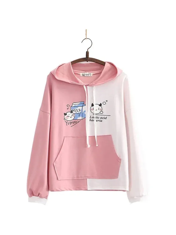 Metaversmall Cartoon Print Patchwork Women Hooded Sweatshirt Drawstring Cotton Hoodies Autumn Winter Harakuju Pullover Tracksuits