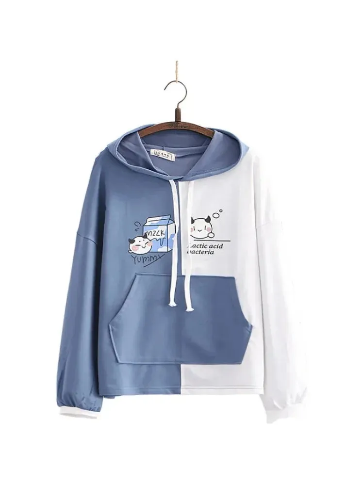 Metaversmall Cartoon Print Patchwork Women Hooded Sweatshirt Drawstring Cotton Hoodies Autumn Winter Harakuju Pullover Tracksuits