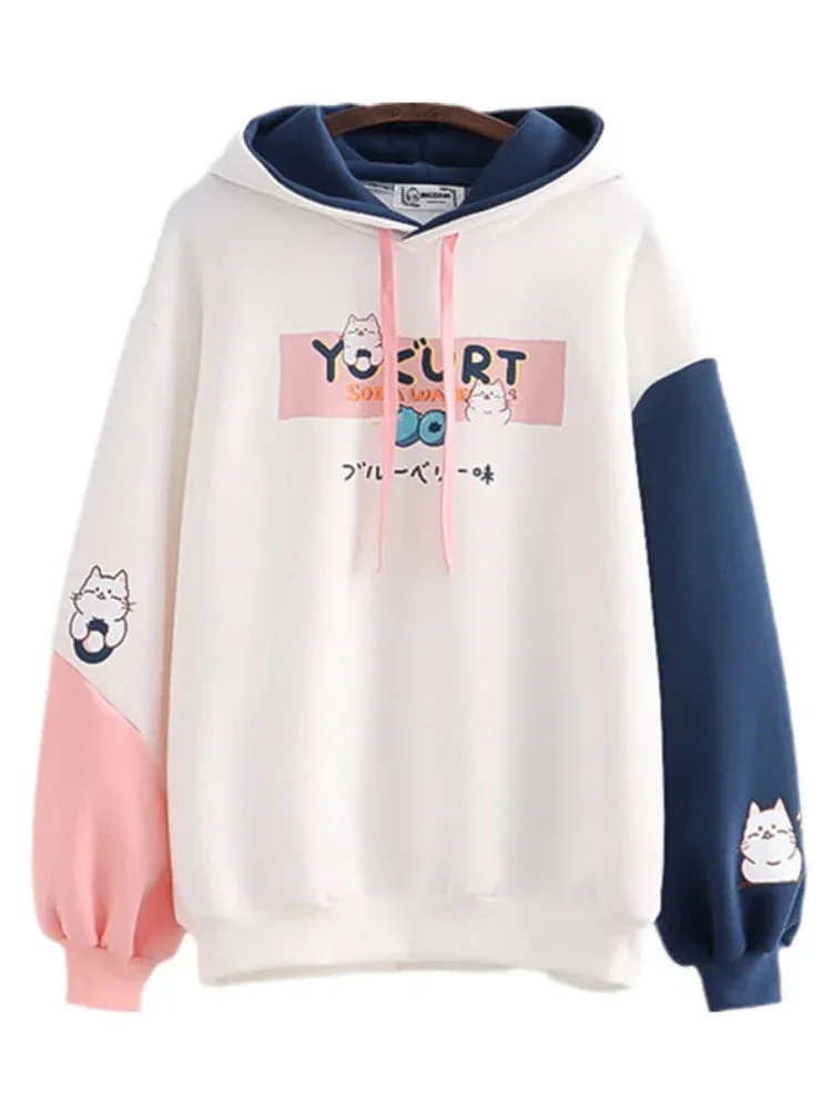 Metaversmall Kawaii Cat Print Women Hoodies Spring Long Sleeve Drawstring Cotton Hooded Sweatshirt Female Harajuku Cute Pullover Tops