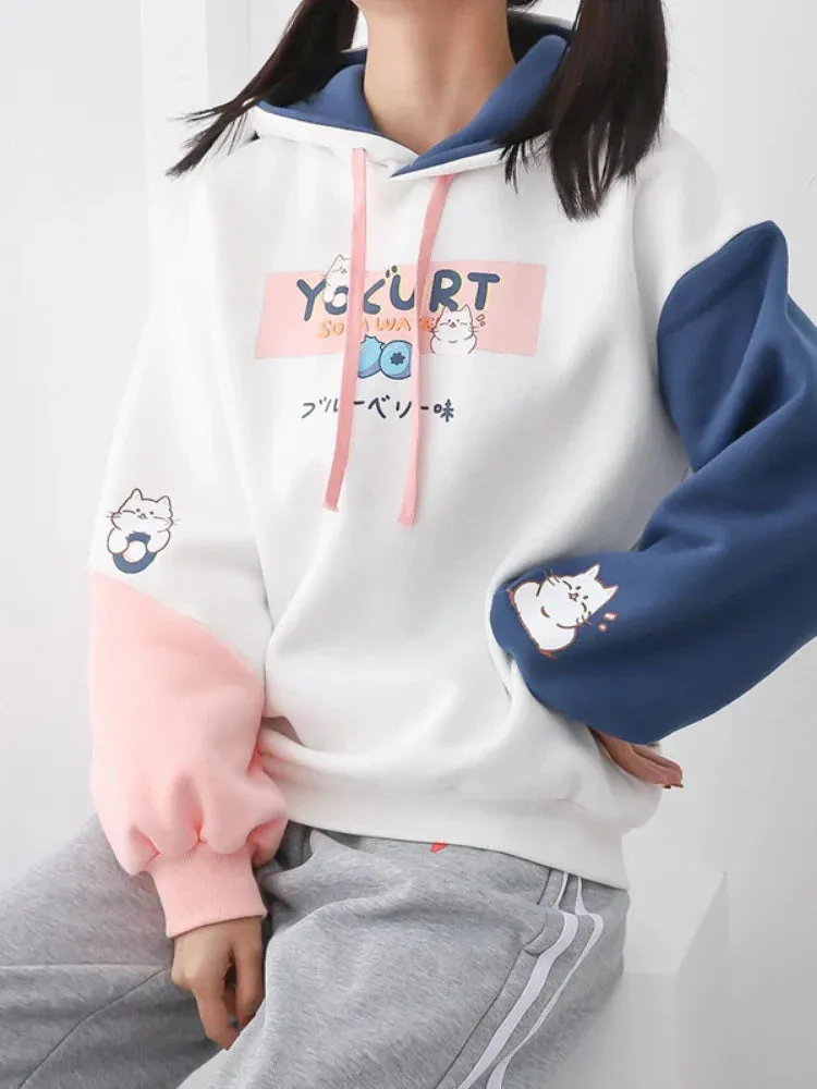 Metaversmall Kawaii Cat Print Women Hoodies Spring Long Sleeve Drawstring Cotton Hooded Sweatshirt Female Harajuku Cute Pullover Tops