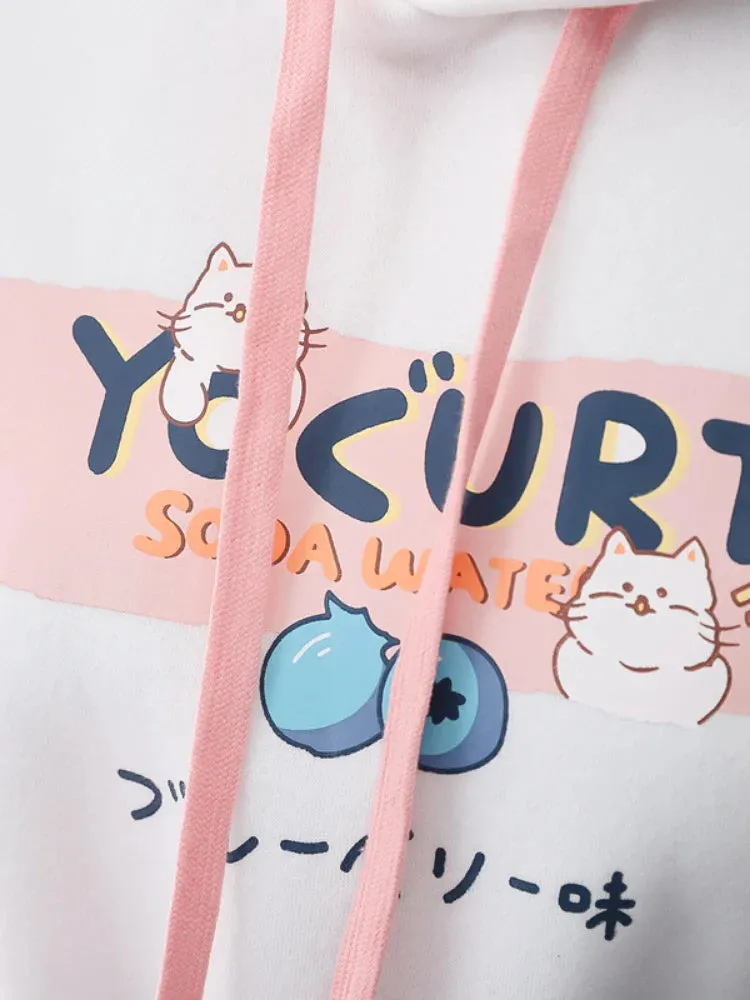 Metaversmall Kawaii Cat Print Women Hoodies Spring Long Sleeve Drawstring Cotton Hooded Sweatshirt Female Harajuku Cute Pullover Tops