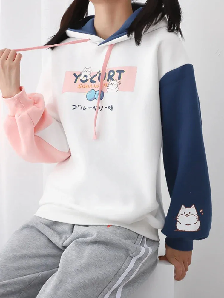 Metaversmall Kawaii Cat Print Women Hoodies Spring Long Sleeve Drawstring Cotton Hooded Sweatshirt Female Harajuku Cute Pullover Tops