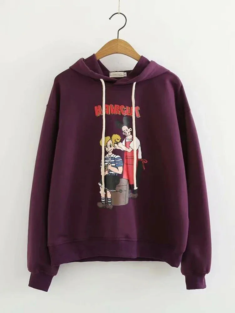 Metaversmall Purple Cartoon Print Women Hooded Sweatshirt Autumn Winter Girl Sporty Chic Hoodies Sweet Style Casual Pullover Tracksuits