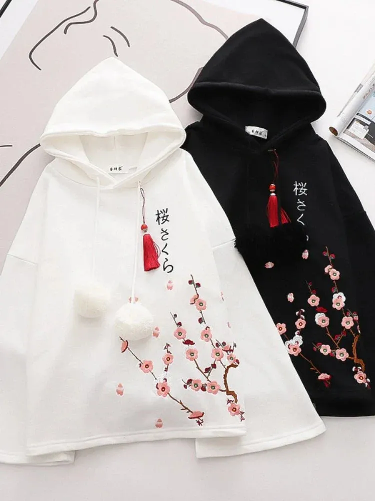 Metaversmall Women Hoodies Floral Embroidery Harajuku Hooded Sweatshirts Spring Flare Sleeve Vintage Korean Female Basic Daily Tops