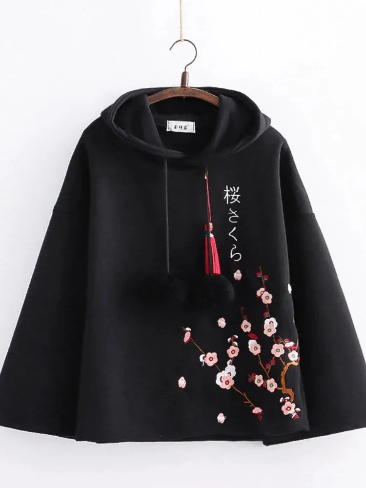 Metaversmall Women Hoodies Floral Embroidery Harajuku Hooded Sweatshirts Spring Flare Sleeve Vintage Korean Female Basic Daily Tops