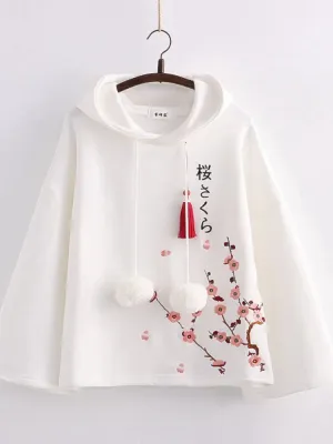 Metaversmall Women Hoodies Floral Embroidery Harajuku Hooded Sweatshirts Spring Flare Sleeve Vintage Korean Female Basic Daily Tops