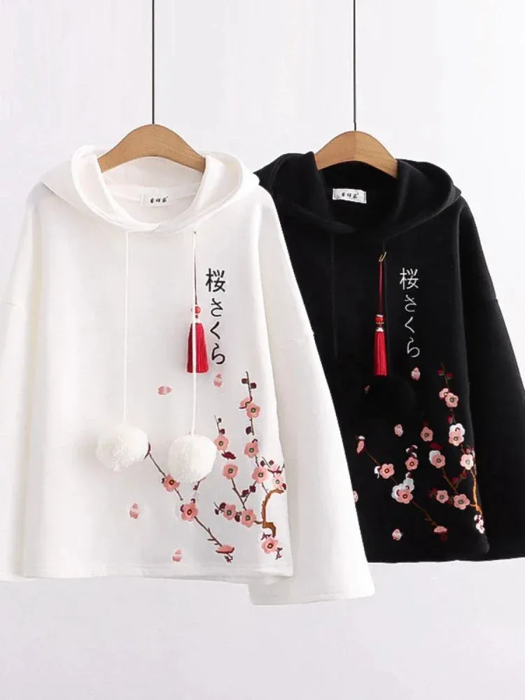 Metaversmall Women Hoodies Floral Embroidery Harajuku Hooded Sweatshirts Spring Flare Sleeve Vintage Korean Female Basic Daily Tops