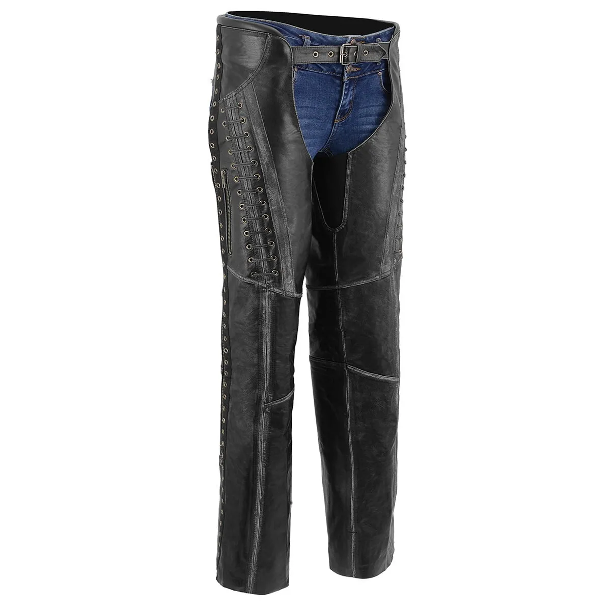 Milwaukee Leather Premium Black Leather Motorcycle Chaps for Women w/ Rubbed Seams-Lace Detail MLL6526