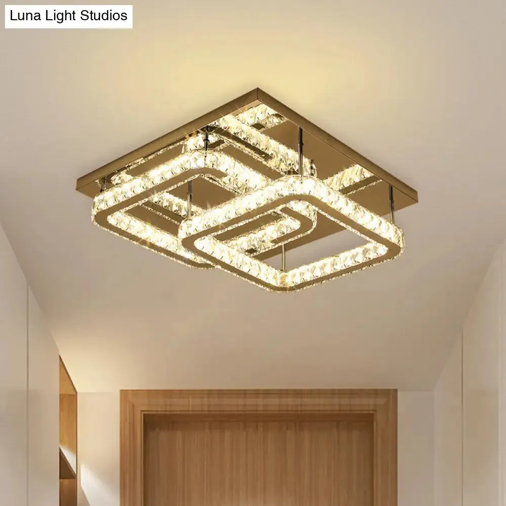 Modern Square Crystal LED Flush Mount Ceiling Light - Chrome Finish | Bedroom Lighting