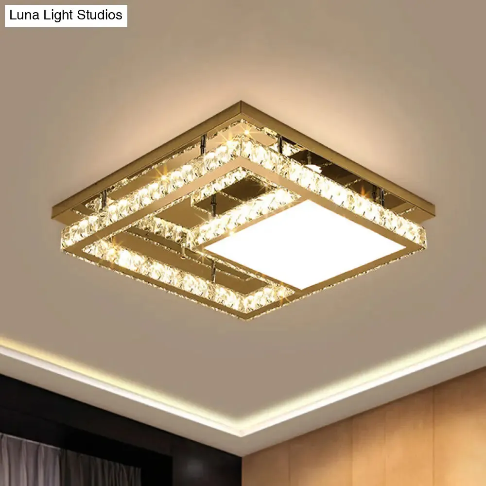 Modern Square Crystal LED Flush Mount Ceiling Light - Chrome Finish | Bedroom Lighting