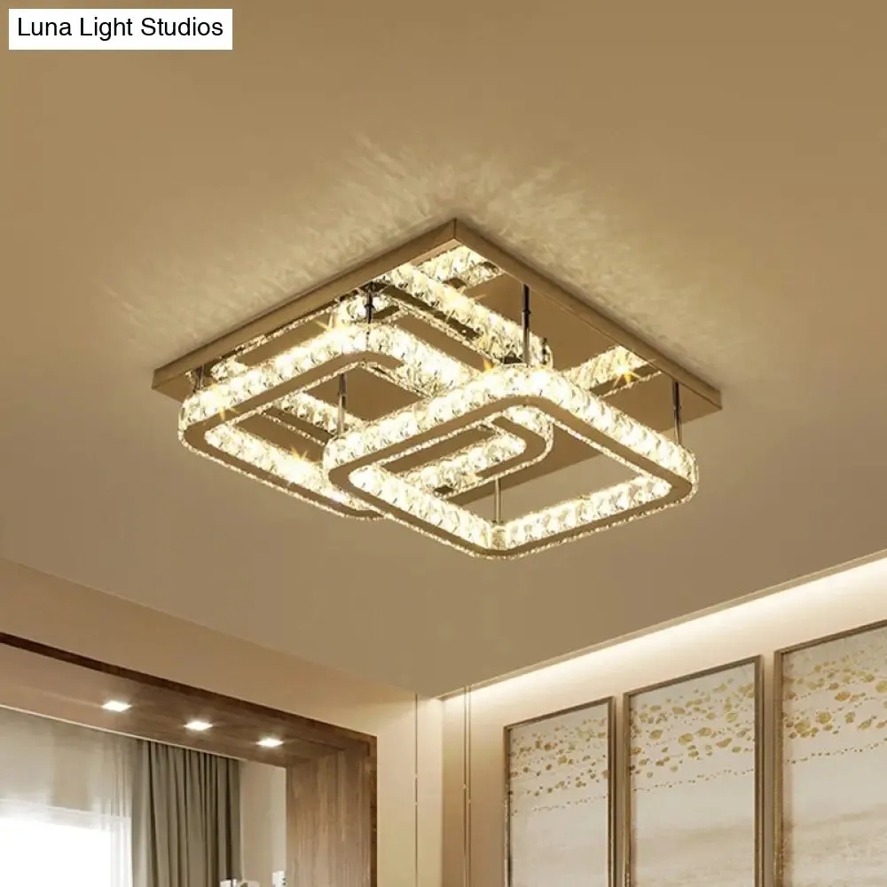 Modern Square Crystal LED Flush Mount Ceiling Light - Chrome Finish | Bedroom Lighting