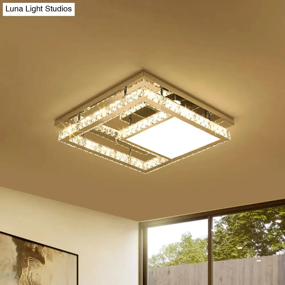 Modern Square Crystal LED Flush Mount Ceiling Light - Chrome Finish | Bedroom Lighting