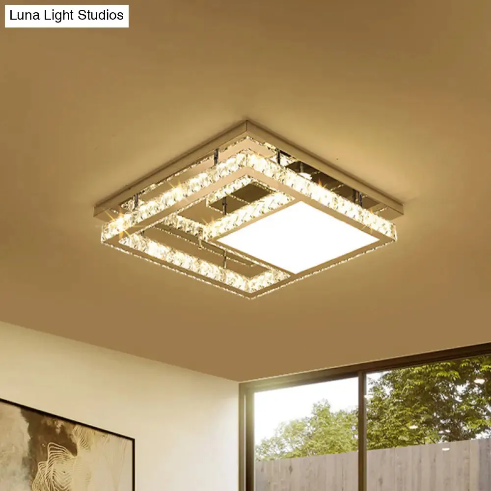 Modern Square Crystal LED Flush Mount Ceiling Light - Chrome Finish | Bedroom Lighting