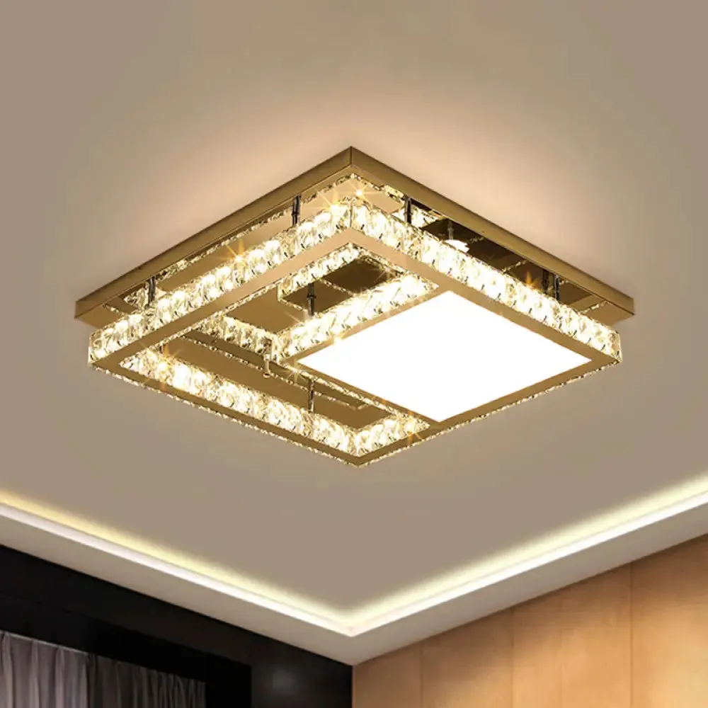 Modern Square Crystal LED Flush Mount Ceiling Light - Chrome Finish | Bedroom Lighting